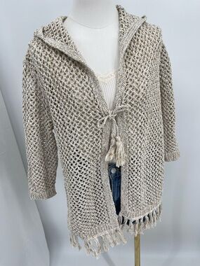 J.Jill Cream M Open-Knit Hooded Tassel Cardigan Hood Boho Beachy Coastal Neutral